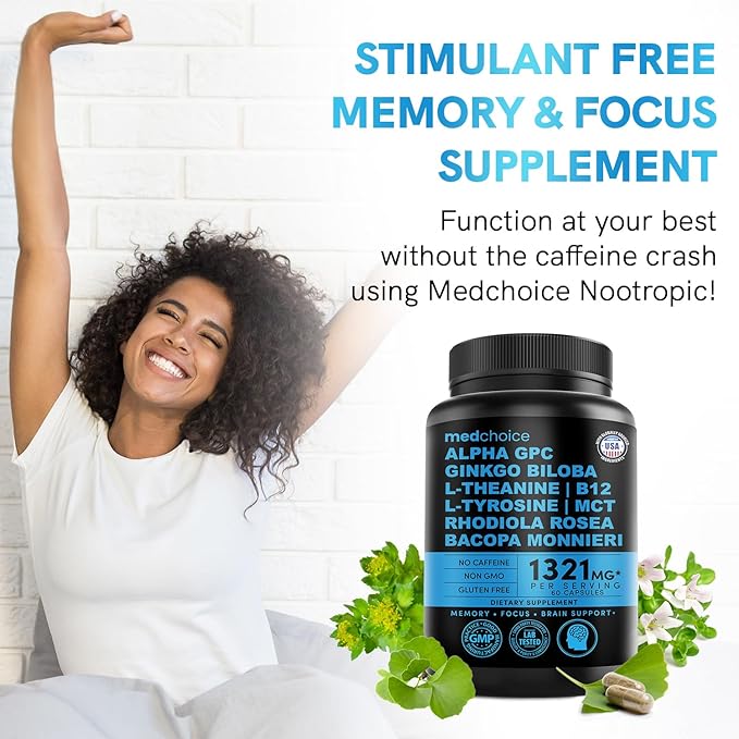 11-in-1 Nootropic Brain Supplements: Memory & Focus Supplement with Ginkgo Biloba, L Theanine, Bioperine, & Alpha GPC Choline - 1321mg, 60ct - Stimulant Free, Vegan - Focus Brain Support (2 pack)