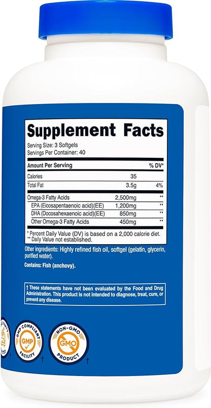 Nutricost Omega 3 Fish Oil 2500MG, 120 120 Softgels (40 Serv) 1200mg EPA 850mg DHA