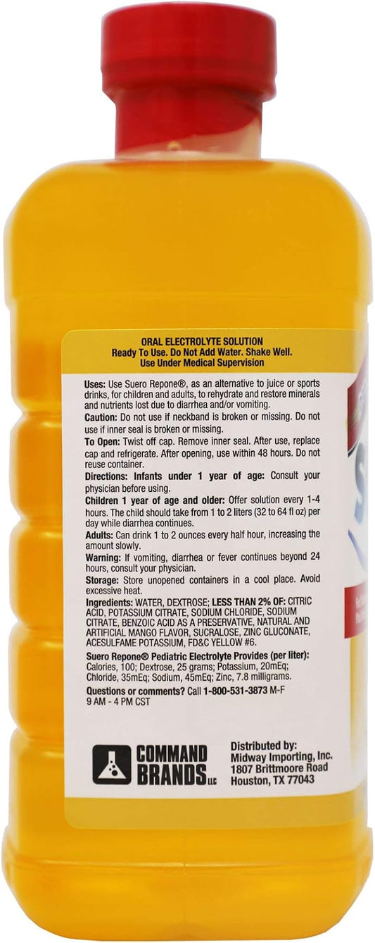 SUERO Electrolyte Solution with Zinc, Rehydrates, Restores Minerals and Nutrients, Mango Flavor, 33.8 Fl Oz (Pack of 2)