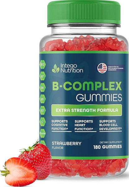 Vitamin B Complex Gummies for Adults, B Complex Vitamin Supplement for Women and Men, B Vitamins Complex Gummies for Energy and Brain Health, Natural Strawberry Flavor, 180 Count