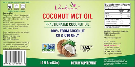 Verdana Coconut MCT Oil, Fractionated, Genuine 100% Coconut Derived, Kosher Food Grade, Vegan, Non-GMO, Great for Keto and Paleo Diet, Ayurvedic Oil Pulling Oral Rinse Mouthwash (16 Fl Oz)