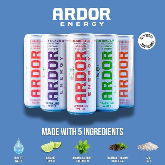 ARDOR ENERGY Sparkling Water 6 pack Sampler. 100mg Organic Caffeine from Green Tea & 200mg Organic L-Theanine (Focus & Calm). No Sugar. No Calories. Vegan. Gluten Free.