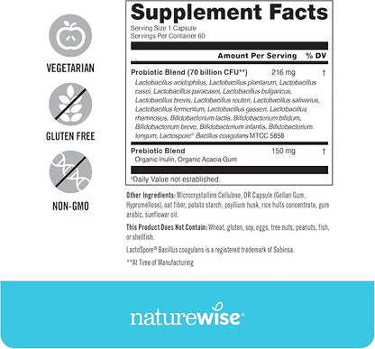 NatureWise Probiotics 70 Billion CFU - 17 Strains + Organic Prebiotics - Immune, Digestive & Gut Health Support for Women & Men - Vegetarian, Gluten-Free, Non-GMO - 60 Capsules[2-Month Supply]