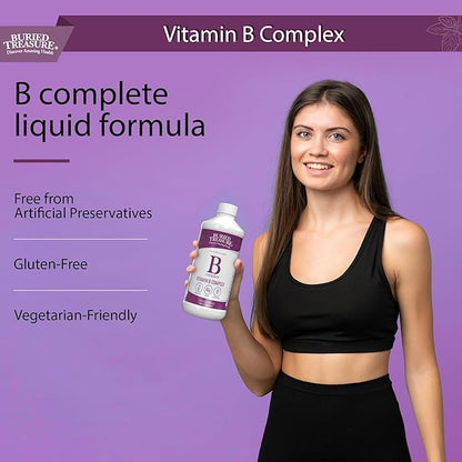 Buried Treasure B Complete - 16 Fl oz, All 8 B Vitamins with Methylated B12 & Methylfolate, Biotin, B1, B2, B6, Antioxidant Support, Liquid & Sugar-Free, B complex vitamins for Women & Men.
