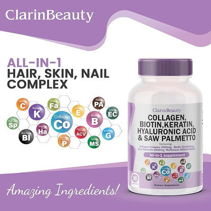 ClarinBeauty 100% Natural Collagen Pills 1000mg 10000mcg Keratin 2500mg Hyaluronic
