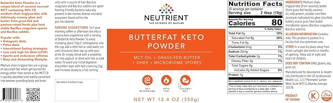 Neutrient™ Butterfat Keto MCT Oil Powder | with Coconut Sourced MCT Oil & Ghee with Grass Fed Butter | Delicious Morning Keto Coffee Creamer for Ketosis Support | Fuel for Body & Brain