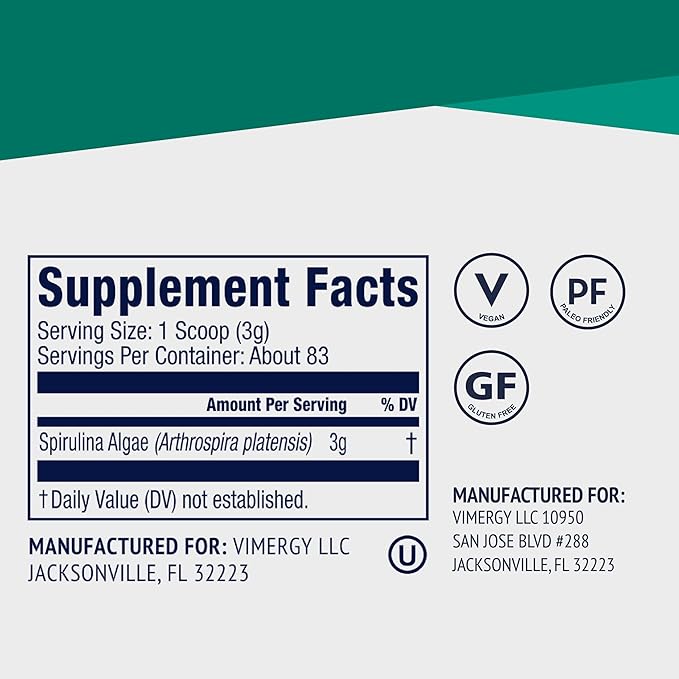 Vimergy Spirulina Powder – Concentrated Plant Protein Supports Immune Health & Cardiovascular Function – Vegan, Kosher, Gluten-Free – 250g