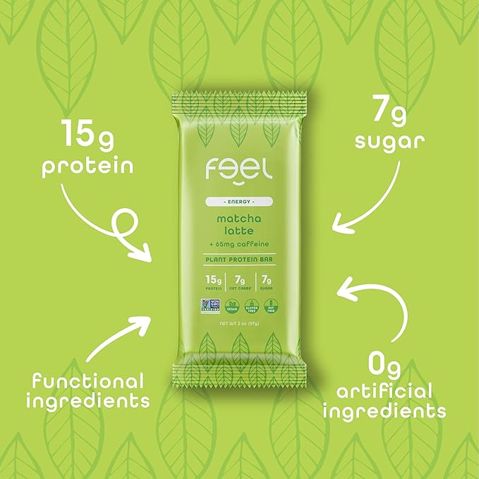 Feel Vegan Protein Bars | Matcha Latte | Keto | Gluten Free | Organic | 15g Plant Protein | Low Carb | High Protein | Dairy Free | Low Sugar | Grain Free | Nut Free | Soy Free | Non GMO - (Matcha Latte, 10 Pack)