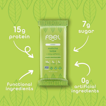 Feel Vegan Protein Bars | Matcha Latte | Keto | Gluten Free | Organic | 15g Plant Protein | Low Carb | High Protein | Dairy Free | Low Sugar | Grain Free | Nut Free | Soy Free | Non GMO - (Matcha Latte, 10 Pack)