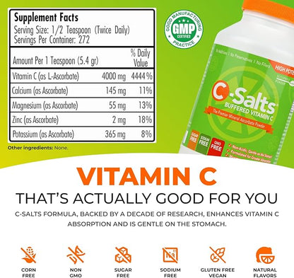 4000mg Vitamin C Powder Supplement - 100% Pure Buffered Powdered Drink with Ascorbate C - Potent Immune Support, Stomach-Friendly Absorption, Organic, Vegan, Sodium & Sugar-Free, Original 26oz