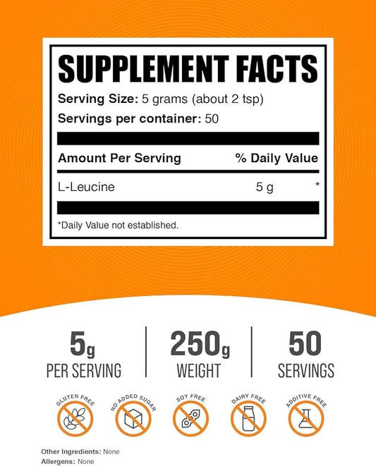 BulkSupplements.com L-Leucine Powder - Leucine Supplements, Leucine Amino Acid - BCAA Supplements, Leucine Powder - Unflavored, 5000mg per Serving, 250g (8.8 oz) (Pack of 1)