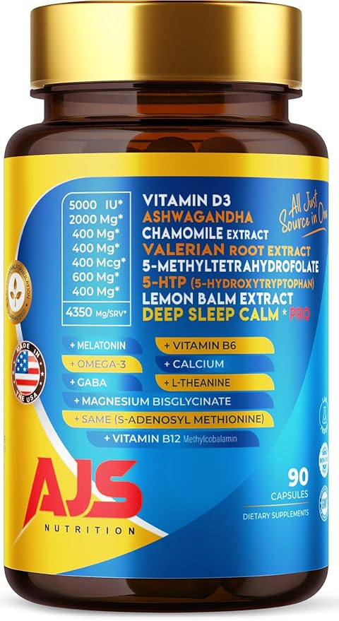 AJS Calm Mood Support B6 B12, B12, Magnesium,5-HTP, Magnesium,5-HTP, Ashwagandha, L-5-MTHF, Huperzine 90CT