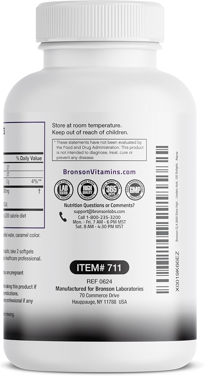 Bronson CLA 3000 Extra High Potency Supports Healthy Weight Management Lean Muscle Mass Non-Stimulating Conjugated Linoleic Acid 120 Softgels