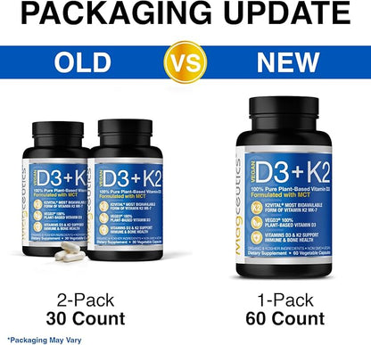 Vitamin D3 K2 with MCT, 5000 D3 & 100 mcg MK7 K2, K2, Support 60 Capsules (60 Days