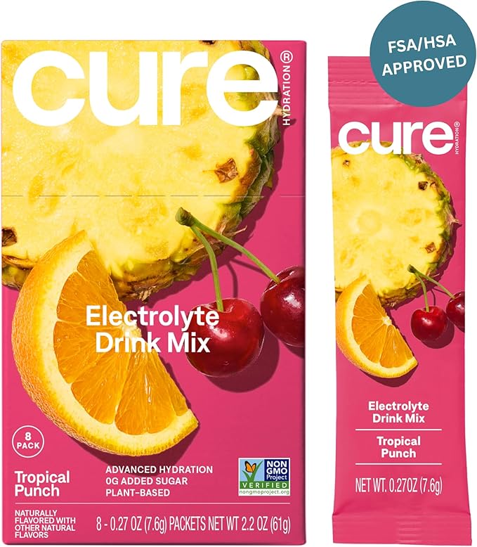 Cure Hydration | Plant-Based Electrolyte Drink Mix | No Added Sugar | FSA & HSA | Dehydration Relief Powder Made with Coconut Water | Non-GMO | Vegan | Box of 8 Packets - Tropical Punch