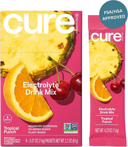 Cure Hydration | Plant-Based Electrolyte Drink Mix | No Added Sugar | FSA & HSA | Dehydration Relief Powder Made with Coconut Water | Non-GMO | Vegan | Box of 8 Packets - Tropical Punch