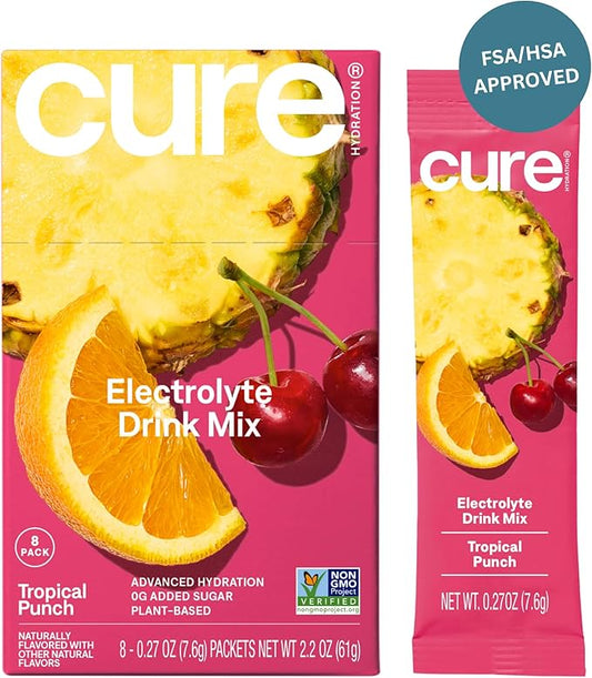 Cure Hydration | Plant-Based Electrolyte Drink Mix | No Added Sugar | FSA & HSA | Dehydration Relief Powder Made with Coconut Water | Non-GMO | Vegan | Box of 8 Packets - Tropical Punch