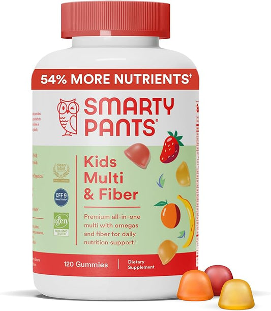 SmartyPants Kids Multivitamin Gummies and Fiber 3 Fish D3, C, B12, B6, B6, Vitamin 120 Count (30 Day