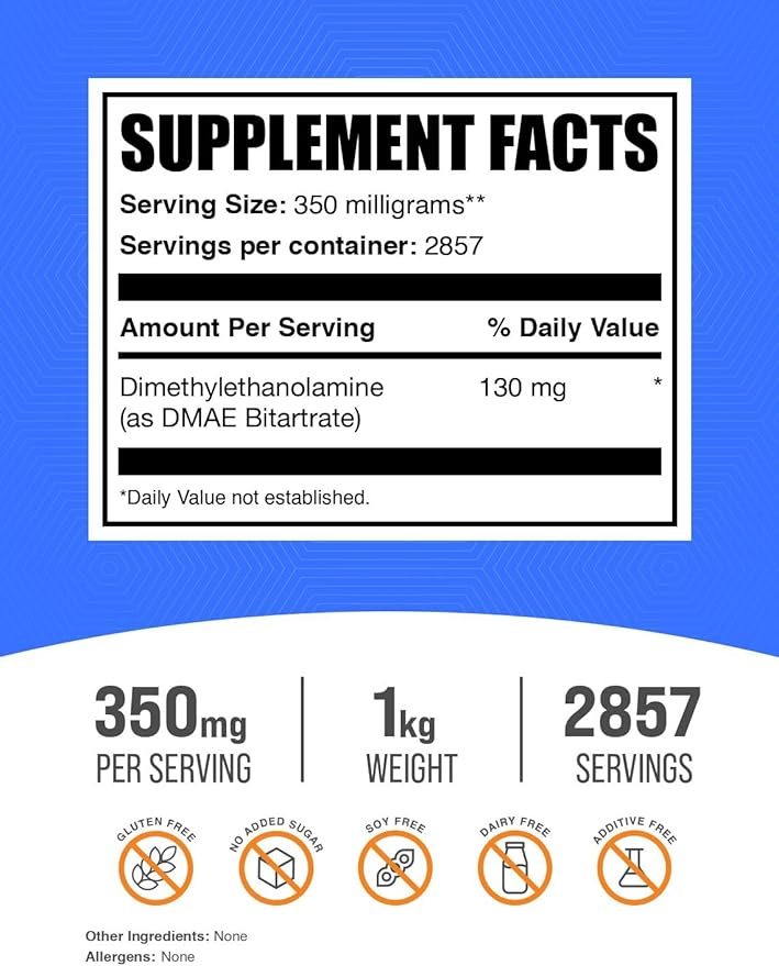 BulkSupplements.com DMAE Bitartrate Powder - Dimethylaminoethanol Bitartrate, DMAE Supplement - DMAE Powder, Gluten Free, 350mg per Serving, 1kg (2.2 lbs) (Pack of 1)