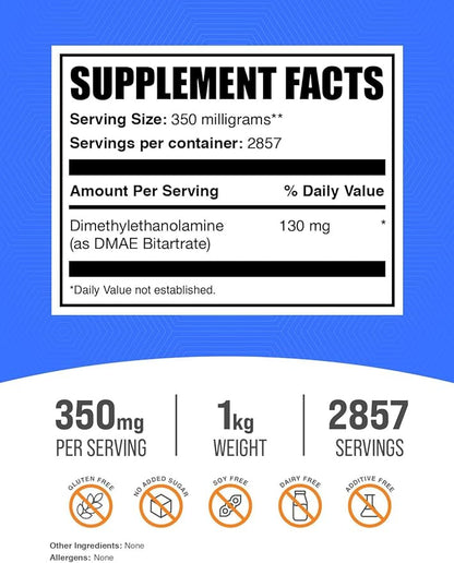 BulkSupplements.com DMAE Bitartrate Powder - Dimethylaminoethanol Bitartrate, DMAE Supplement - DMAE Powder, Gluten Free, 350mg per Serving, 1kg (2.2 lbs) (Pack of 1)