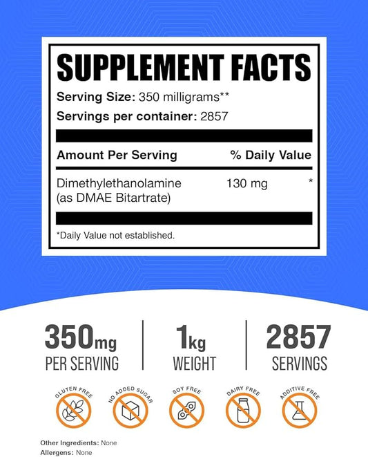 BulkSupplements.com DMAE Bitartrate Powder - Dimethylaminoethanol Bitartrate, DMAE Supplement - DMAE Powder, Gluten Free, 350mg per Serving, 1kg (2.2 lbs) (Pack of 1)