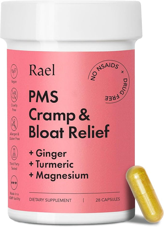 Rael PMS Supplement, Hormone Balance for Women, Relief from Menstrual Cramps, Period Bloating, Mood Swings Treatment with Turmeric, Ginger, Magnesium, No NSAIDs, Vegan (28 Capsules)