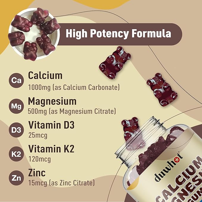 Calcium Magnesium Zinc Gummies with Vitamin D3 & K2, Chewable 60 Count