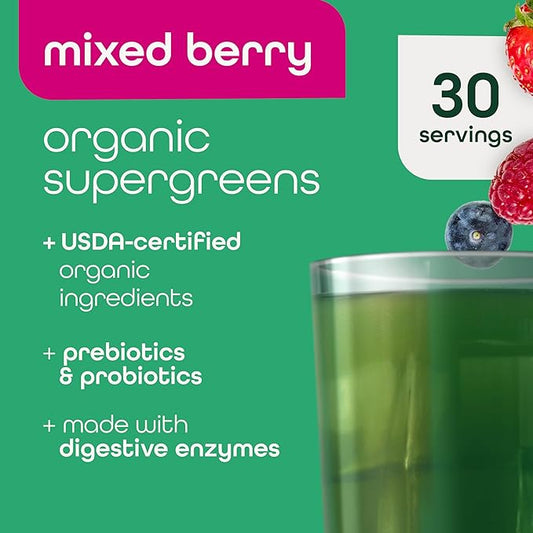 Zena Organic Super Greens Powder, 70+ Superfoods Drink Mix, 0 Sugar, 3G Fiber, Fruits, Veggies, Spirulina, Chlorella, Antioxidants, Pre & Probiotics, Digestive Enzymes, Mixed Berry Flavor, 30 Servings