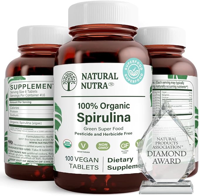 Natural Nutra 100% USDA Organic Spirulina 300mg, 100 100 Vegan
