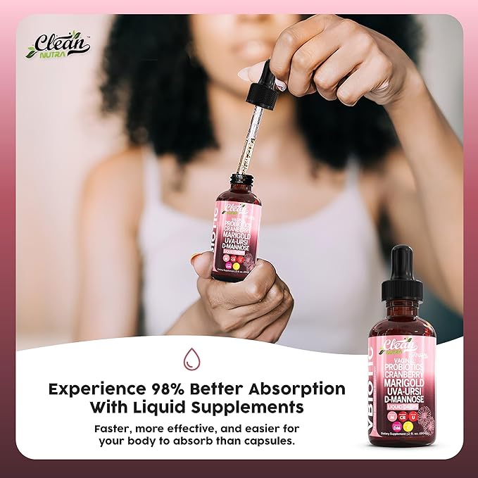Clean Nutraceuticals VBiotic Vaginal Probiotic for Women Liquid Drops | Cranberry Uva Ursi Horsetail D-Mannose Prebiotics Marigold & Black Cohosh Vaginal Health Supplement | pH Balance