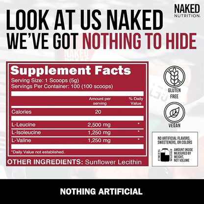 Naked BCAAs Amino Acids Powder, Only 1 Ingredient, Pure 2:1:1 Formula, Vegan Unflavored Branched Chain Amino Acids, Instantized All Natural BCAA Supplement - 500 Grams, 100 Servings