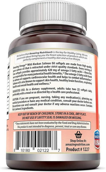 Amazing Omega Wild Alaskan Salmon Oil 2000mg Per Serving Softgels Supplement (180 | 2 Pack)