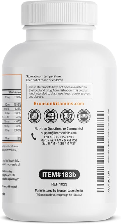 Bronson Super B 100 Vitamin B B1, B2, B2, B3, B3, B6, B6, B9 B9 - B12) Supports 250 Tablets
