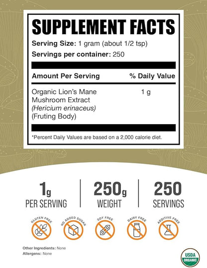 BulkSupplements.com Organic Lion's Mane Mushroom Extract Powder - Lions Mane Supplement Powder, Lion's Mane Extract - Mushroom Supplement, 1000mg per Serving, 250g (8.8 oz) (Pack of 1)