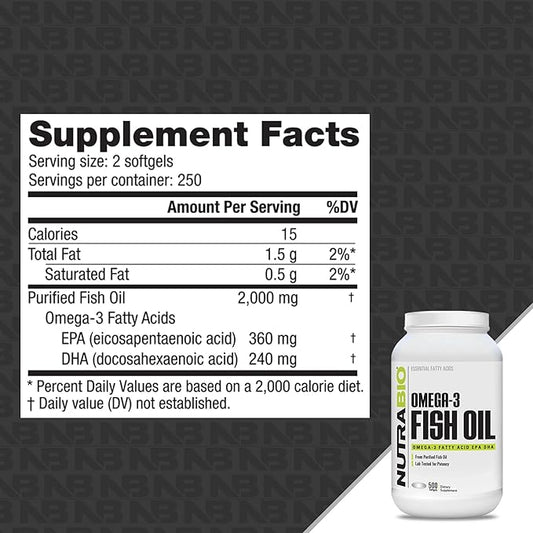 NutraBio Omega 3 Fish Oil Supplement 500 Softgels