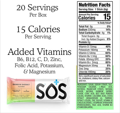 SOS Hydration Electrolyte Powder Drink Mix Packets | Daily Hydration & Energy | Added Essential Vitamins | Low Sugar | 24 Servings (Rainbow Sherbet)