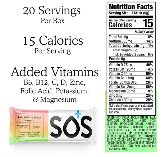 SOS Hydration Electrolyte Powder Drink Mix Packets | Daily Hydration & Energy | Added Essential Vitamins | Low Sugar | 24 Servings (Rainbow Sherbet)