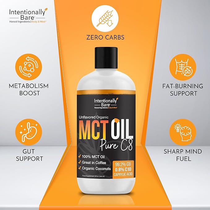 Intentionally Bare Pure C8 MCT Oil Organic - Brain Octane C8 MCT Oil for Keto Paleo & Vegan Diet - Unflavored MCT Oil C8 for Bulletproof Coffee Shakes & Salads - 100% Pure MCT Oil 32 oz