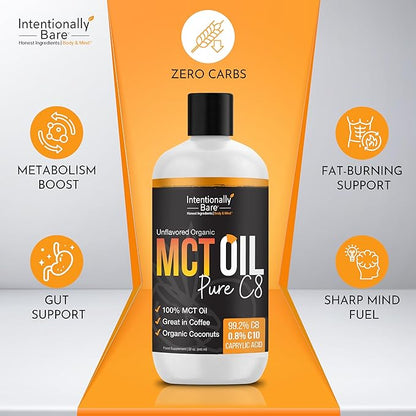Intentionally Bare Pure C8 MCT Oil Organic - Brain Octane C8 MCT Oil for Keto Paleo & Vegan Diet - Unflavored MCT Oil C8 for Bulletproof Coffee Shakes & Salads - 100% Pure MCT Oil 32 oz