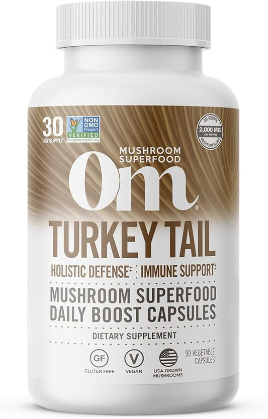 Om Mushroom Superfood Turkey Tail Mushroom Capsules Superfood Supplement, 90 Count, 30 Days, Immune Support, Polysacchrides, Beta-Glucans, Gut Health & Holistic Defense Mushroom Supplement