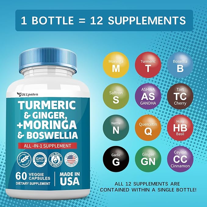 Turmeric Curcumin 30000mg Moringa 50000mg Ginger 3000mg Boswellia 3000mg Saffron 2000mg All-in-One 60 Capsules