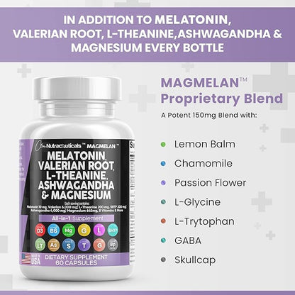 Clean Nutraceuticals Melatonin 10mg Valerian Root 6000mg L 200mg Ashwagandha 4000mg - 60 Caps