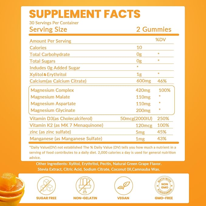 Calcium Magnesium Gummies 600mg Calcium,420mg Magnesium D3+K2 High (60 count)