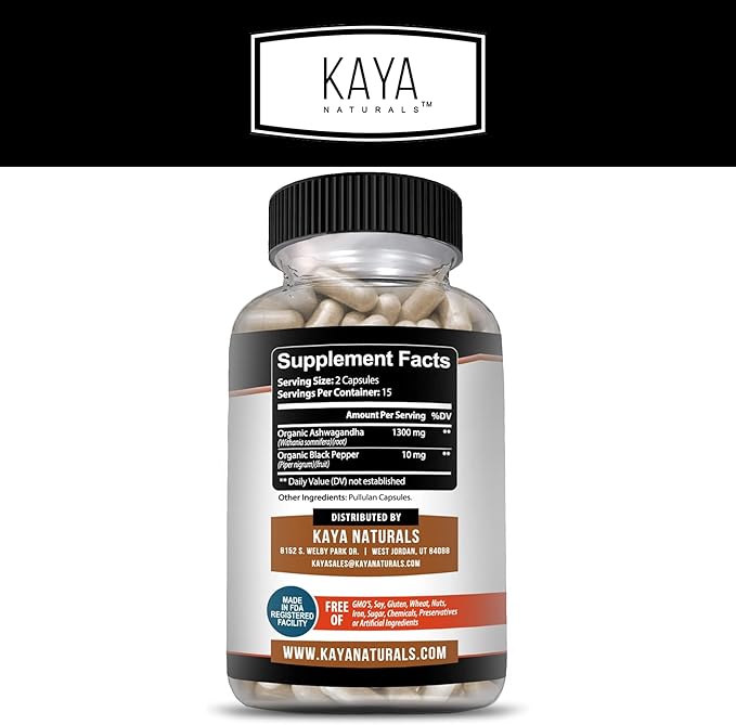 Kaya Naturals Organic Ashwagandha Root 1300mg Adaptogen