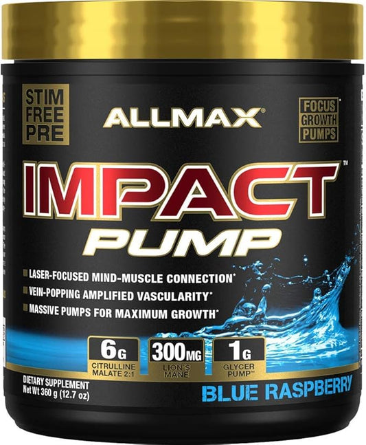 ALLMAX Impact Pump, Blue Raspberry - 360 g - Stim-Free Pre-Workout Formula - Boosts Pumps & Mind-Muscle Connection - with Citrulline Malate & Lion’s Mane - Up to 30 Servings
