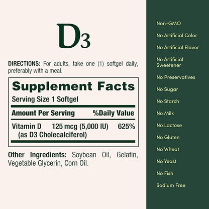 Nature's Bounty Vitamin D3, Immune Support, 125 mcg (5000iu), Rapid 240 Ct