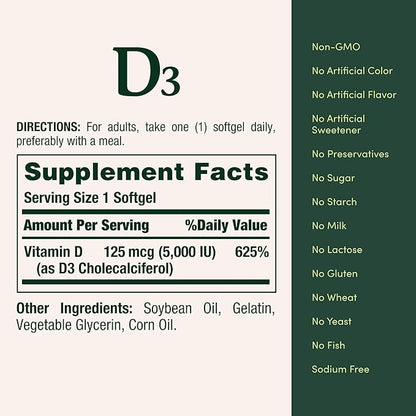 Nature's Bounty Vitamin D3, Immune Support, 125 mcg (5000iu), Rapid 240 Ct