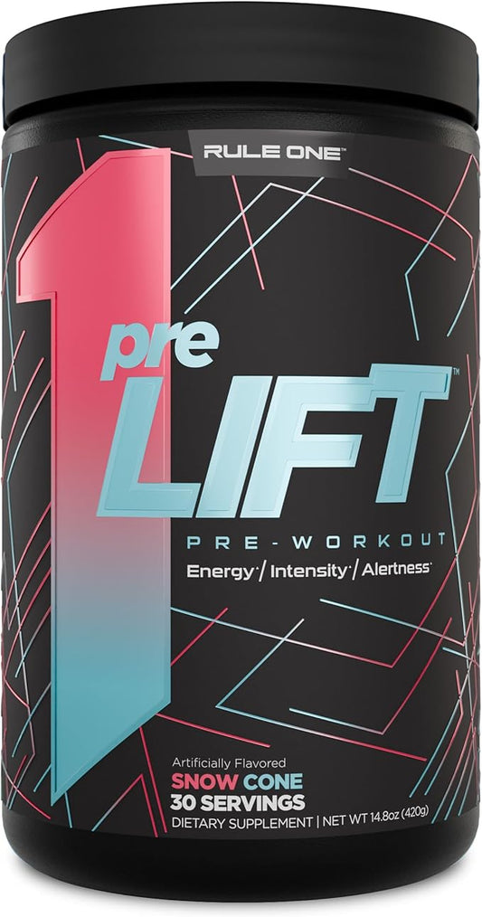 Rule 1 preLIFT Pre-Workout, Snow Cone - 30 Servings, 6g Citrulline, 3.2g Beta Alanine, 3 Caffeine Sources + 20 Others for Energy, Alertness, & Endurance (30 Servings, Snow Cone)