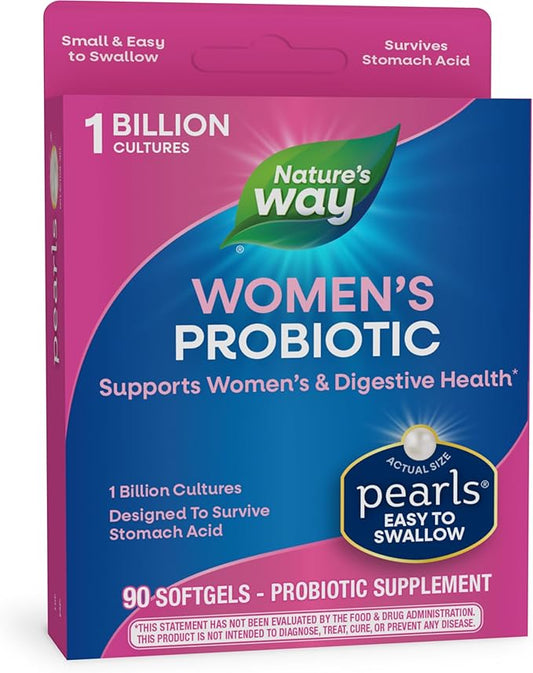 Nature's Way Women's Probiotic Pearls, Supports Women's and Digestive Health*, Protects Against Occasional Constipation & Bloating*, 1 Billion Live Cultures, 90 Softgels (Packaging May Vary)