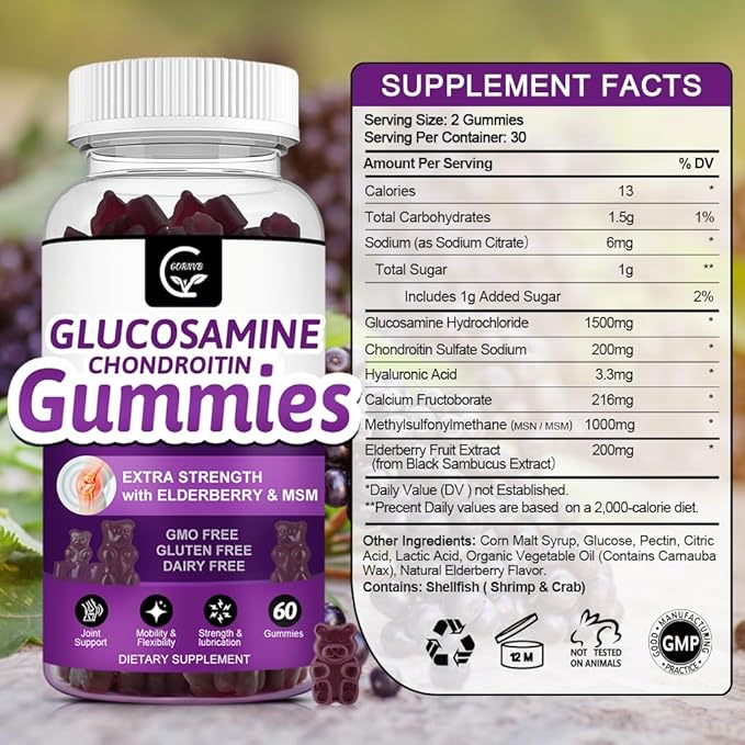 Glucosamine Chondroitin Gummies - Extra Strength Joint Support Supplement with MSM Elderberry & Calcium for Natural Joint, Antioxidant Immune Support for Adults, Men & Women